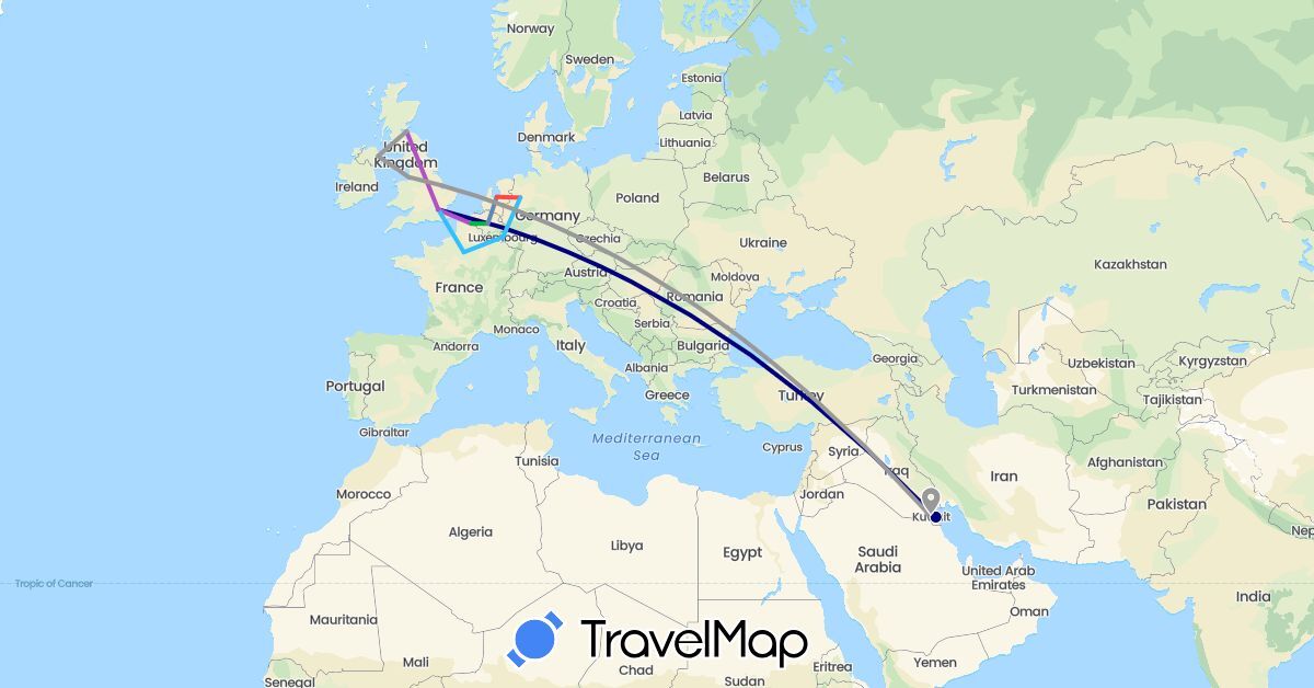 TravelMap itinerary: driving, bus, plane, cycling, train, hiking, boat in Belgium, Germany, France, United Kingdom, Kuwait, Luxembourg, Netherlands (Asia, Europe)